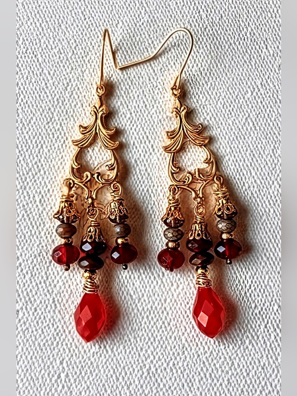 Victorian Bright Red Ruby Crystals & Glass In Gold Plated Chandelier Earrings